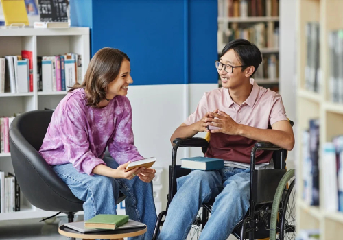Disability support worker providing companionship and personal support to a wheelchair user